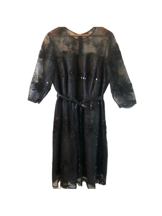 Alex Evenings Dresses & Skirts - Black Lace Special Occasion Dress with Sequins Size 16W Midi Elbow Sleeves